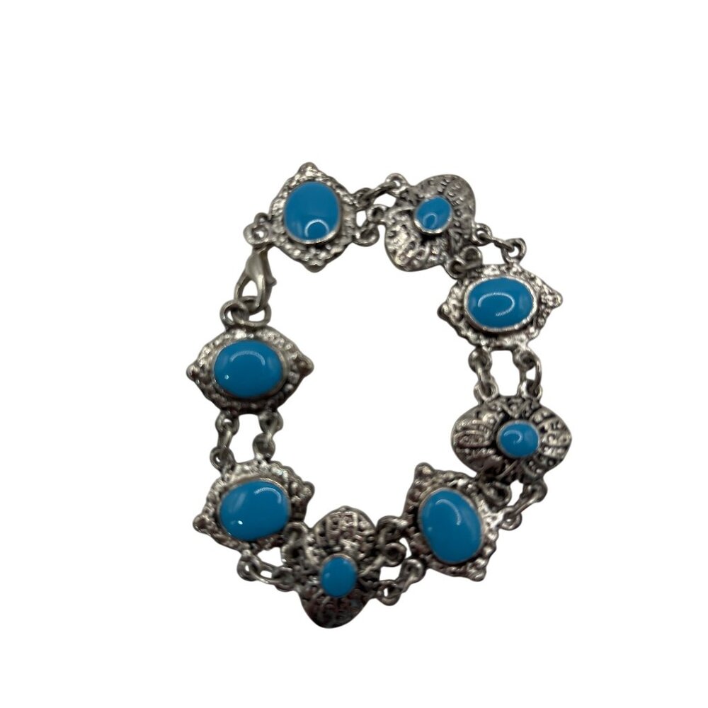 Vintage Silver Tone Bracelet W/ Turquoise-Style Stones & Ornate Detailing A155